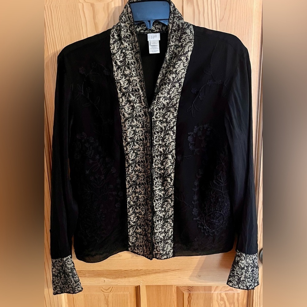 J. Jill Silk Cotton Embroidered Blouse Jacket Black Tan PM Vintage Whimsigoth